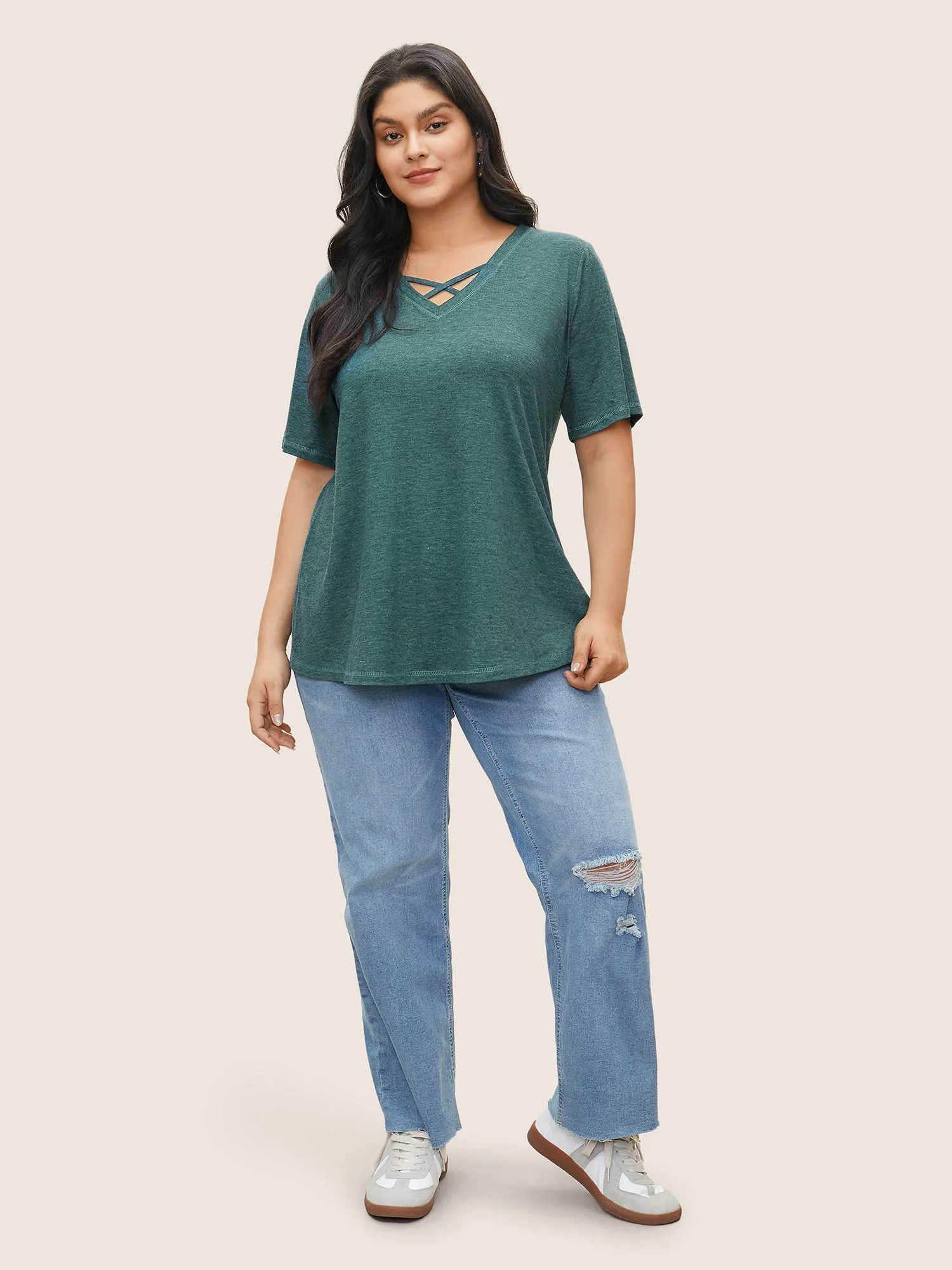 Solid Crisscross Neck Contrast Stitch T-shirt sold by Bloomchic product image thumbnail 3