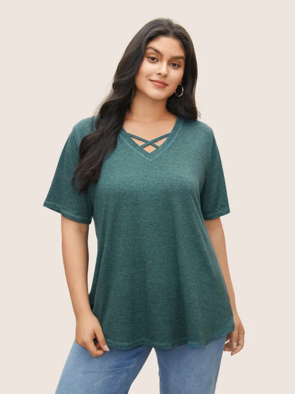 Solid Crisscross Neck Contrast Stitch T-shirt sold by Bloomchic