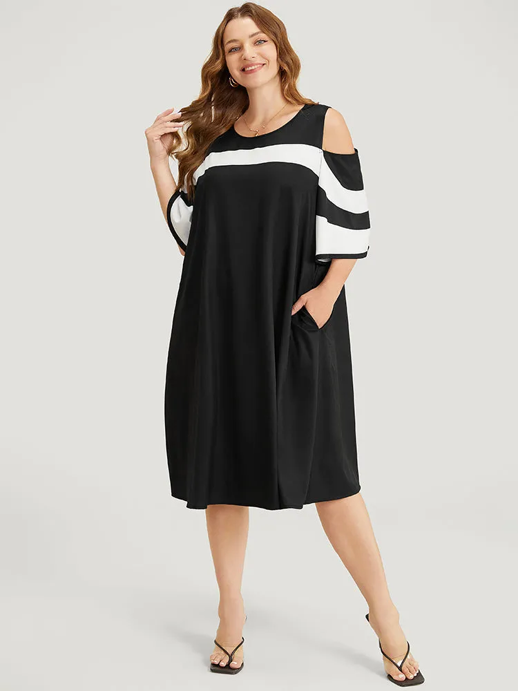 Colorblock Contrast Pocket Cold Shoulder Dress sold by Bloomchic