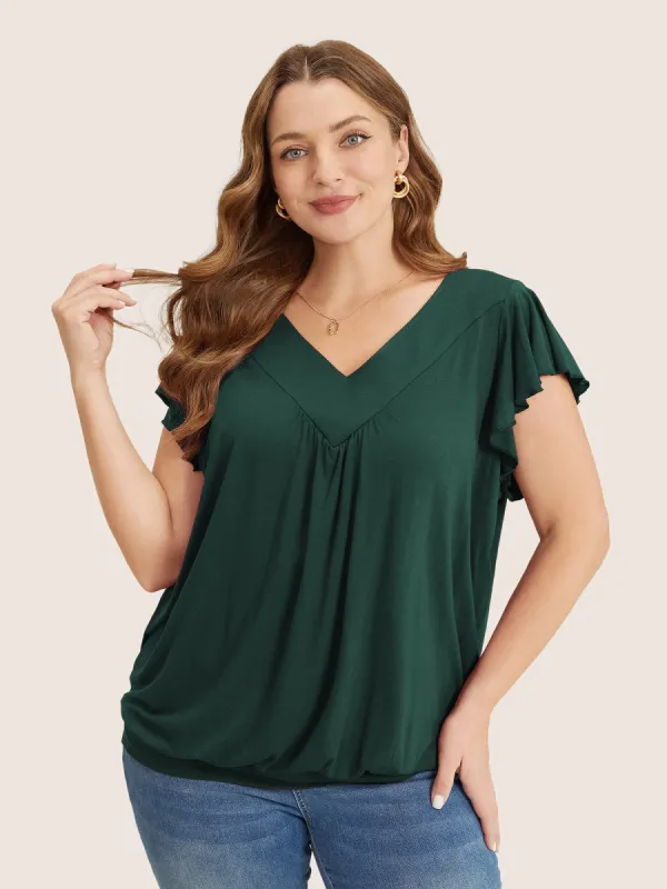 Plain Gathered V Neck Ruffle Sleeve T-shirt sold by Bloomchic