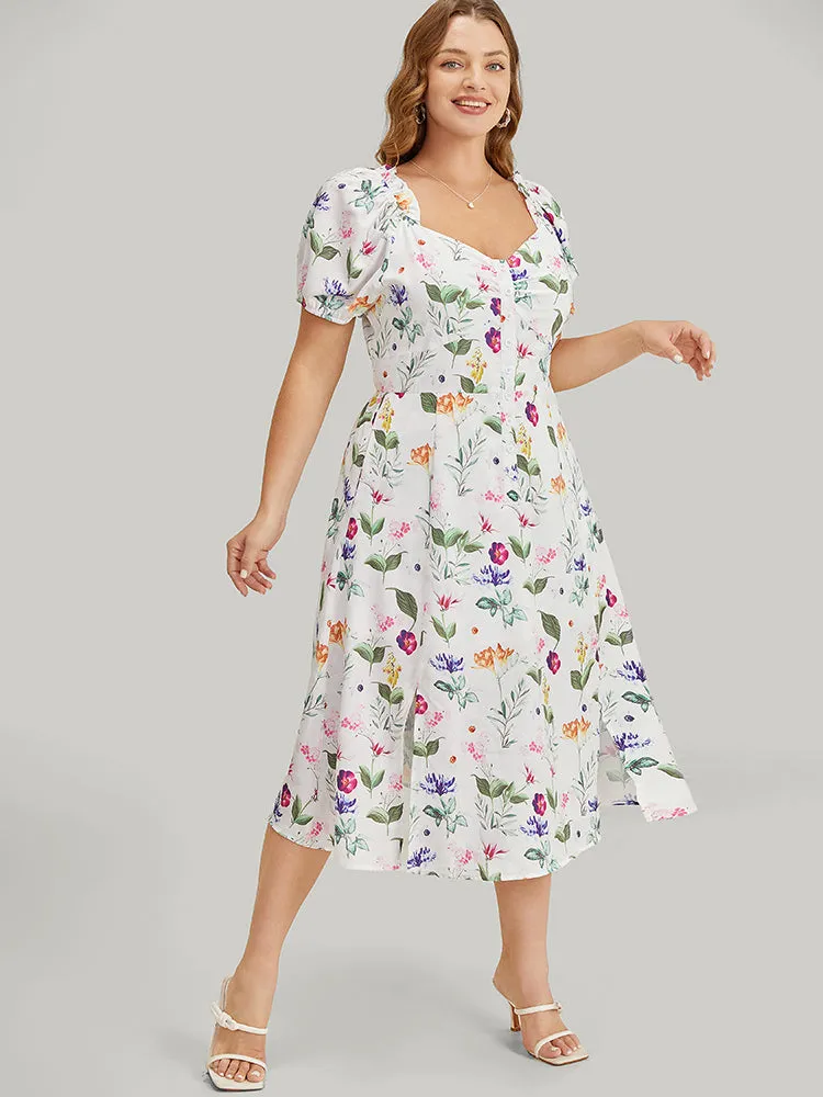 Floral Split Hem Button Detail Pocket Ruched Puff Sleeve Dress sold by Bloomchic product image thumbnail 4