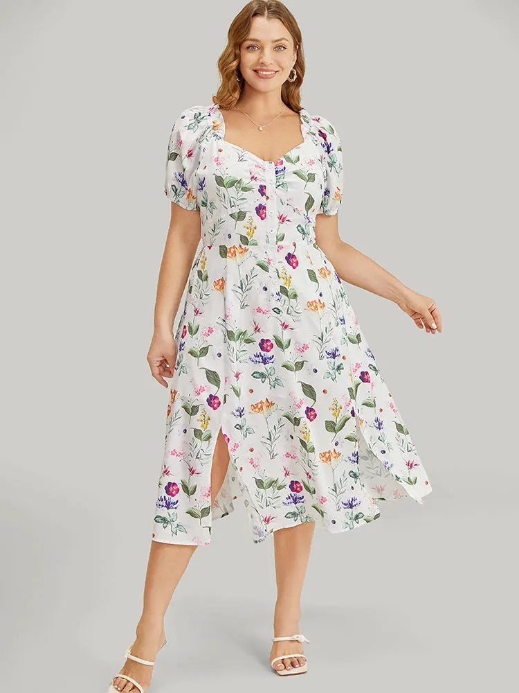 Floral Split Hem Button Detail Pocket Ruched Puff Sleeve Dress sold by Bloomchic