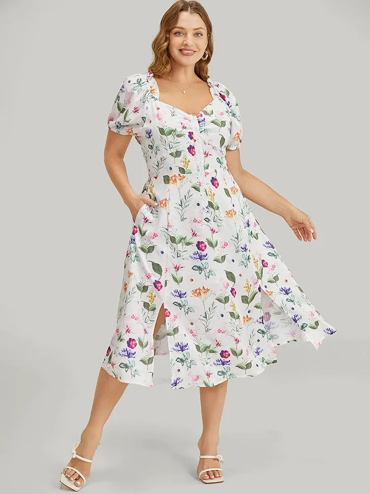 Floral Split Hem Button Detail Pocket Ruched Puff Sleeve Dress sold by Bloomchic product image thumbnail 5