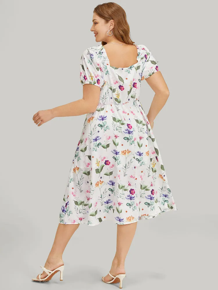Floral Split Hem Button Detail Pocket Ruched Puff Sleeve Dress sold by Bloomchic product image thumbnail 2