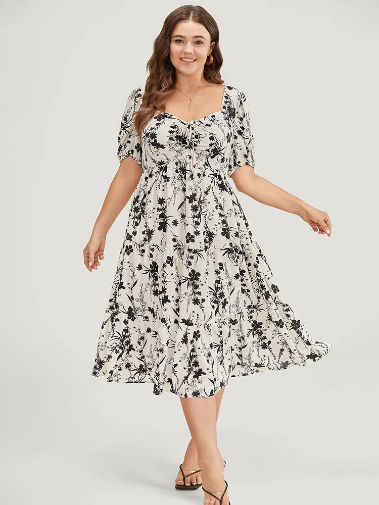 Floral Puff Sleeve Pocket Ruched Drawstring Ruffle Dress sold by Bloomchic product image thumbnail 5