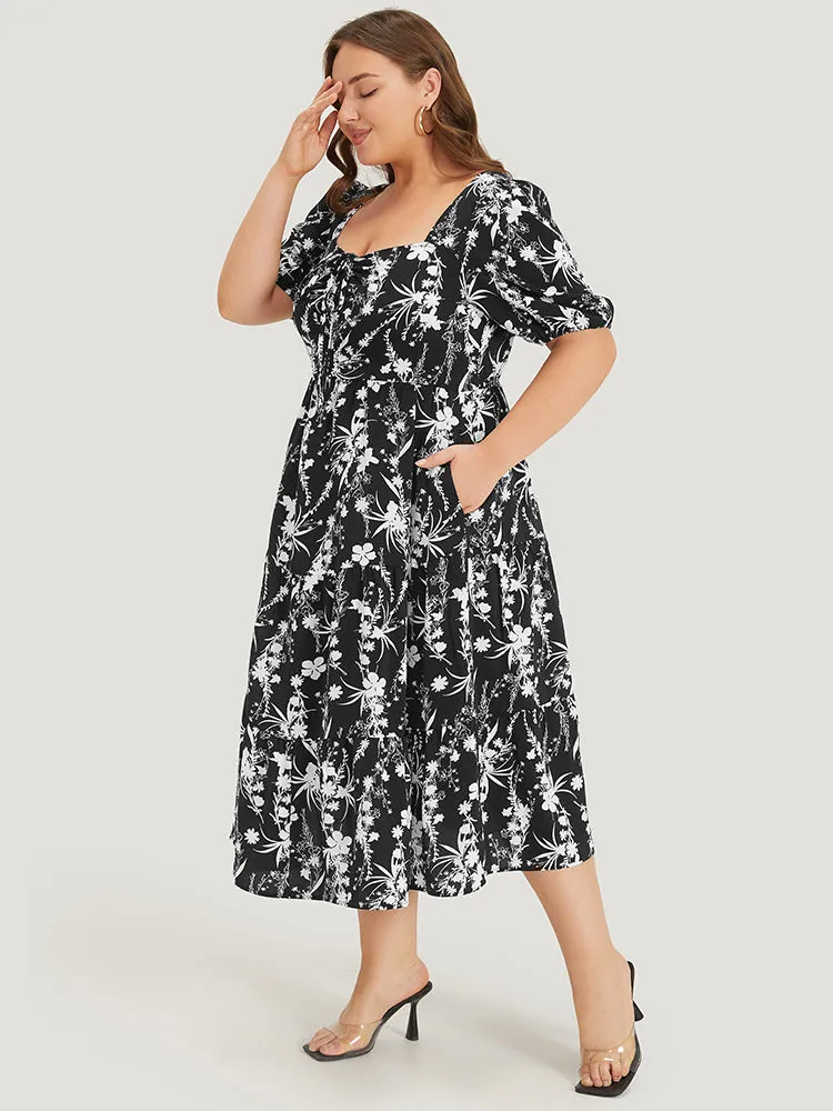 Floral Puff Sleeve Pocket Ruched Drawstring Ruffle Dress sold by Bloomchic product image thumbnail 2