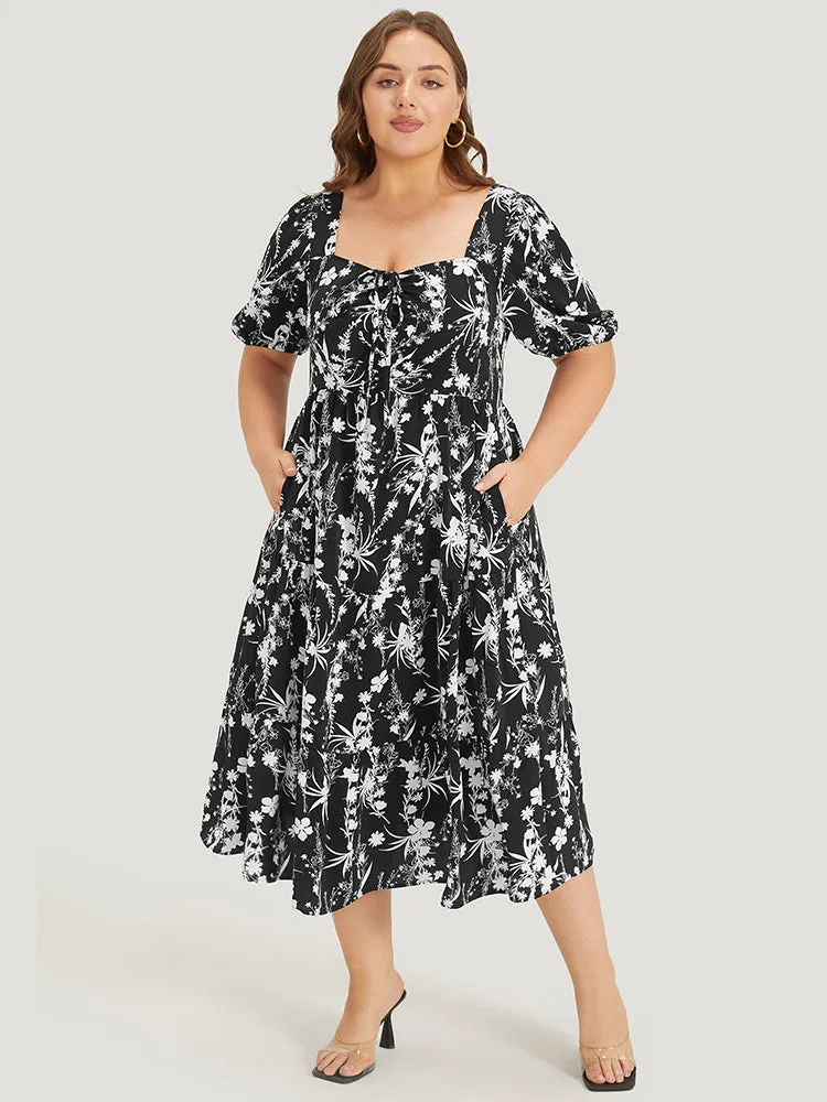 Floral Puff Sleeve Pocket Ruched Drawstring Ruffle Dress sold by Bloomchic product image thumbnail 3