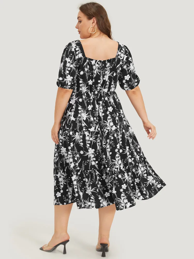 Floral Puff Sleeve Pocket Ruched Drawstring Ruffle Dress sold by Bloomchic product image thumbnail 4