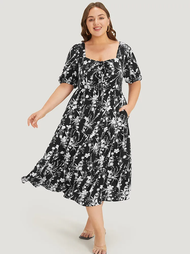 Floral Puff Sleeve Pocket Ruched Drawstring Ruffle Dress sold by Bloomchic