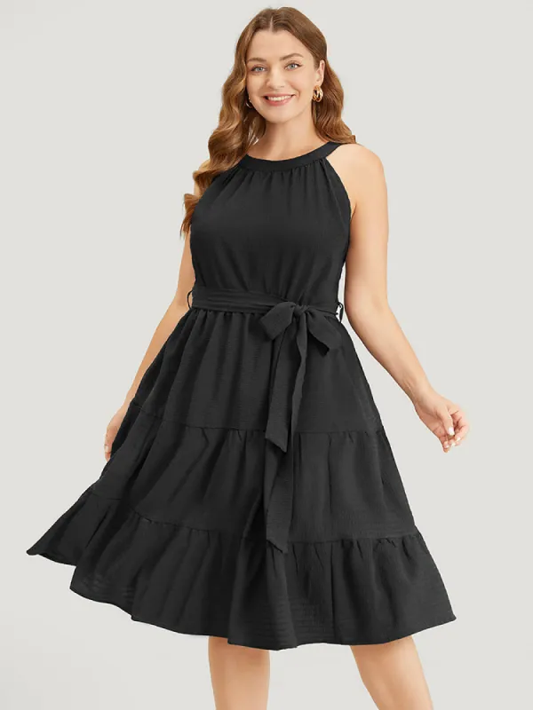 Solid Knot Halter Pocket Belted Ruffles Tiered Hem Dress sold by Bloomchic
