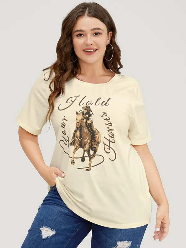 Horse & Letter Print Round Neck Graphic Tee sold by Bloomchic