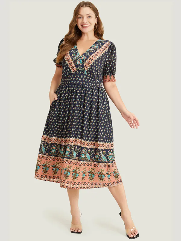 Bandana Print Shirred Puff Sleeve Pocket Wrap Empire Waist Dress sold by Bloomchic