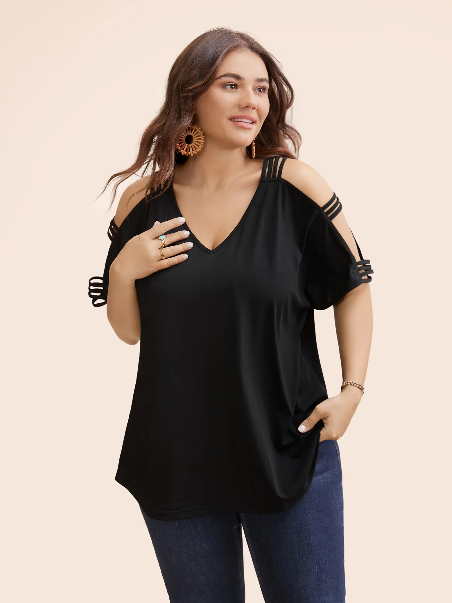 Solid Cut Out Batwing Sleeve T-shirt sold by Bloomchic
