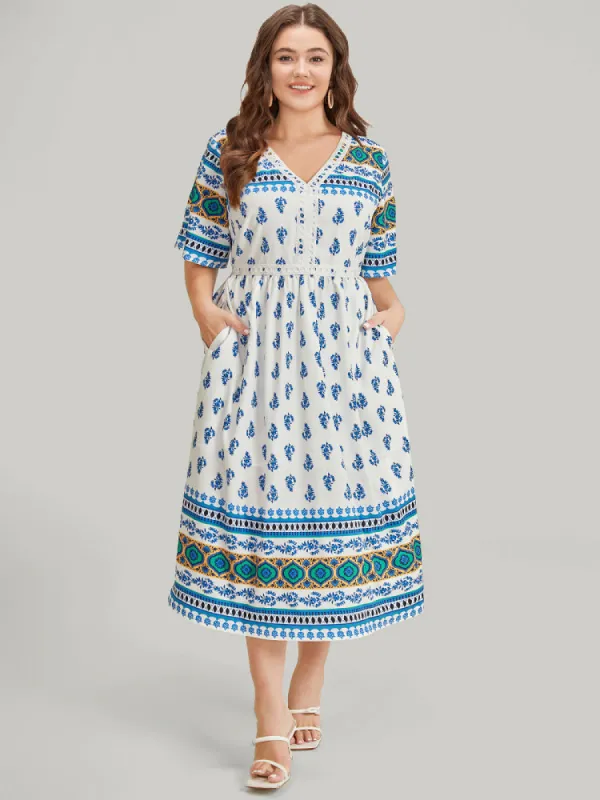 Bandana Print V Neck Pocket Contrast Lace Dress sold by Bloomchic