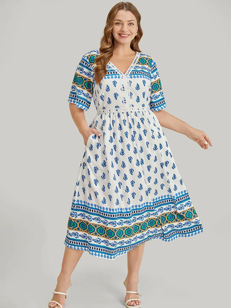 Bandana Print V Neck Pocket Contrast Lace Dress sold by Bloomchic product image thumbnail 5