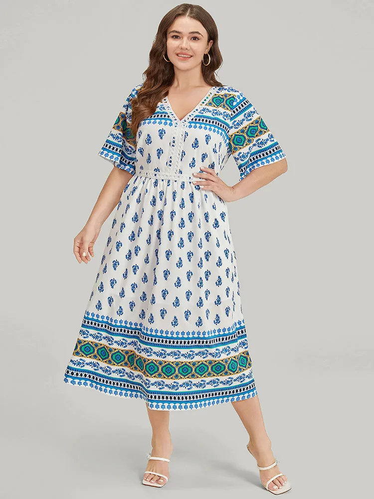 Bandana Print V Neck Pocket Contrast Lace Dress sold by Bloomchic product image thumbnail 2