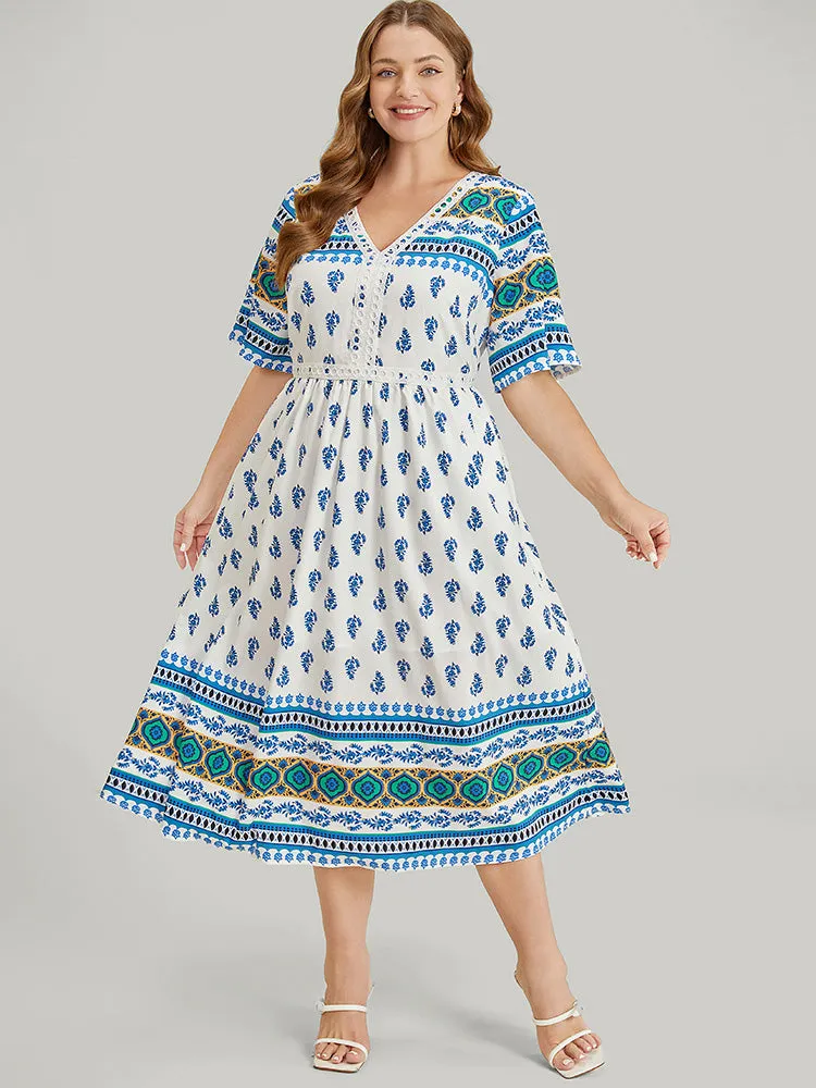 Bandana Print V Neck Pocket Contrast Lace Dress sold by Bloomchic product image thumbnail 3