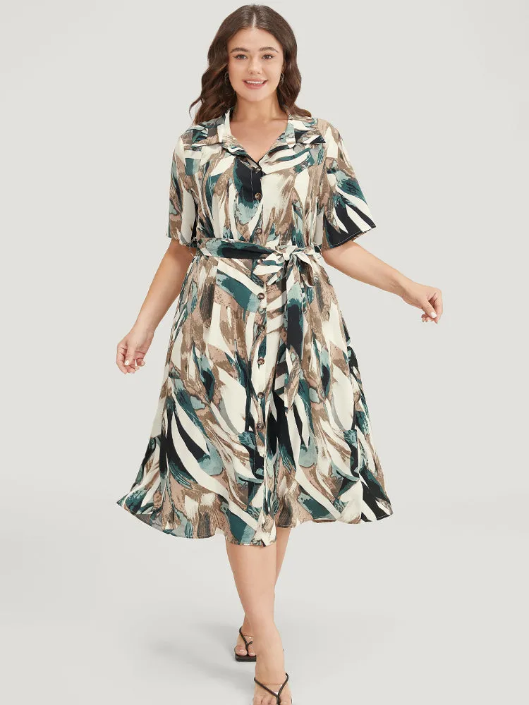 Allover Print Pocket Button Up Belted Shirt Collar Dress sold by Bloomchic