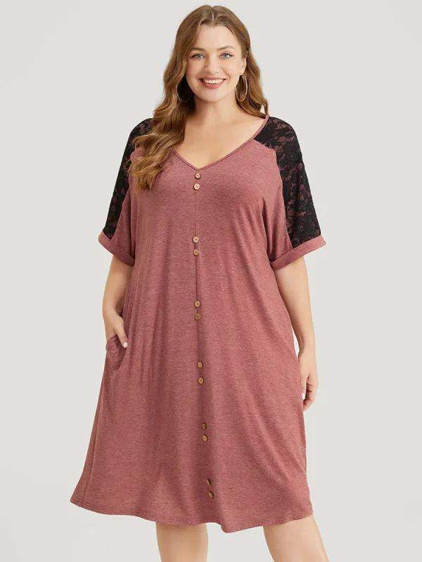 Plain Lace Patchwork Button Detail Pocket Dress sold by Bloomchic