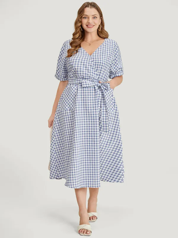 Gingham Print Roll Batwing Sleeve Belt Pocket Wrap Dress sold by Bloomchic