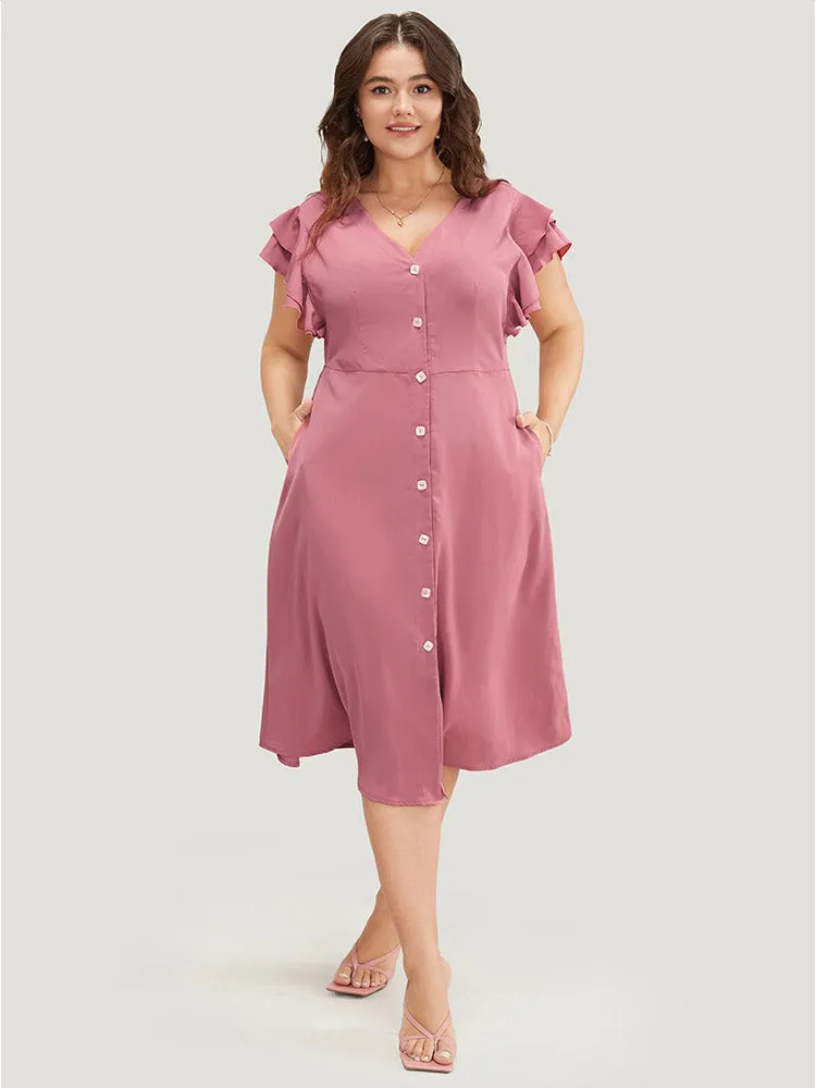 Plain Ruffle Sleeve Pocket Tiered Button Up Dress sold by Bloomchic product image thumbnail 3