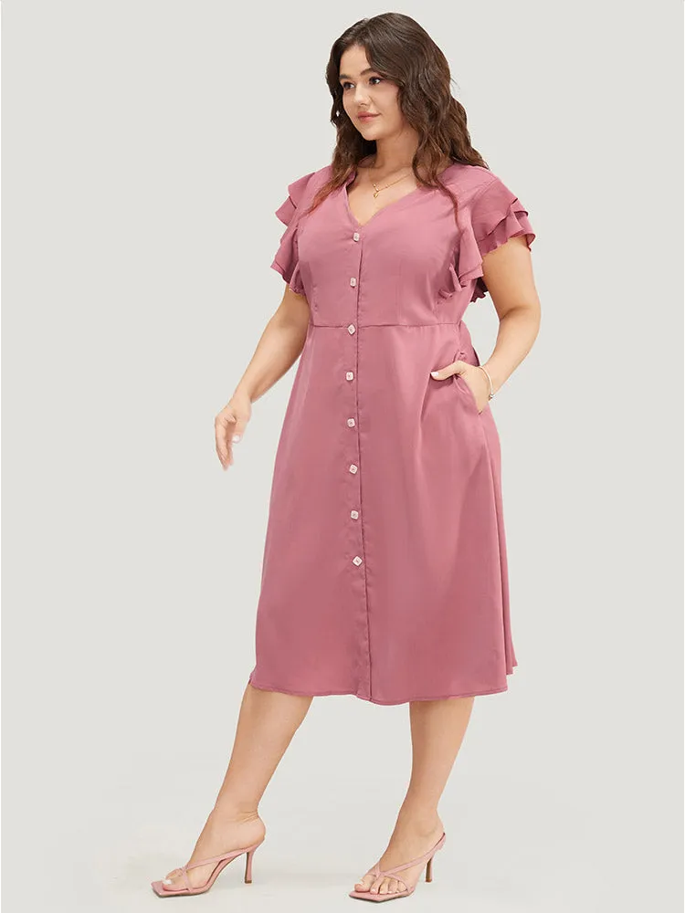 Plain Ruffle Sleeve Pocket Tiered Button Up Dress sold by Bloomchic product image thumbnail 4