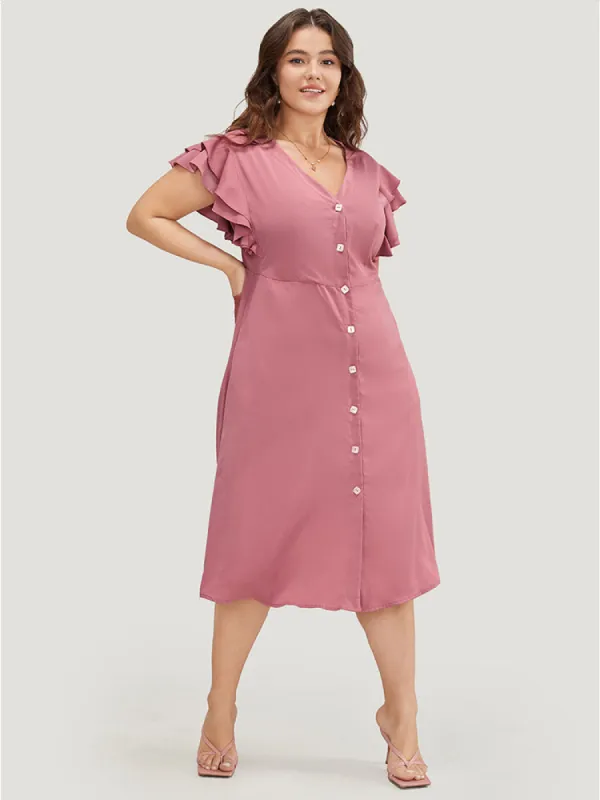 Plain Ruffle Sleeve Pocket Tiered Button Up Dress sold by Bloomchic