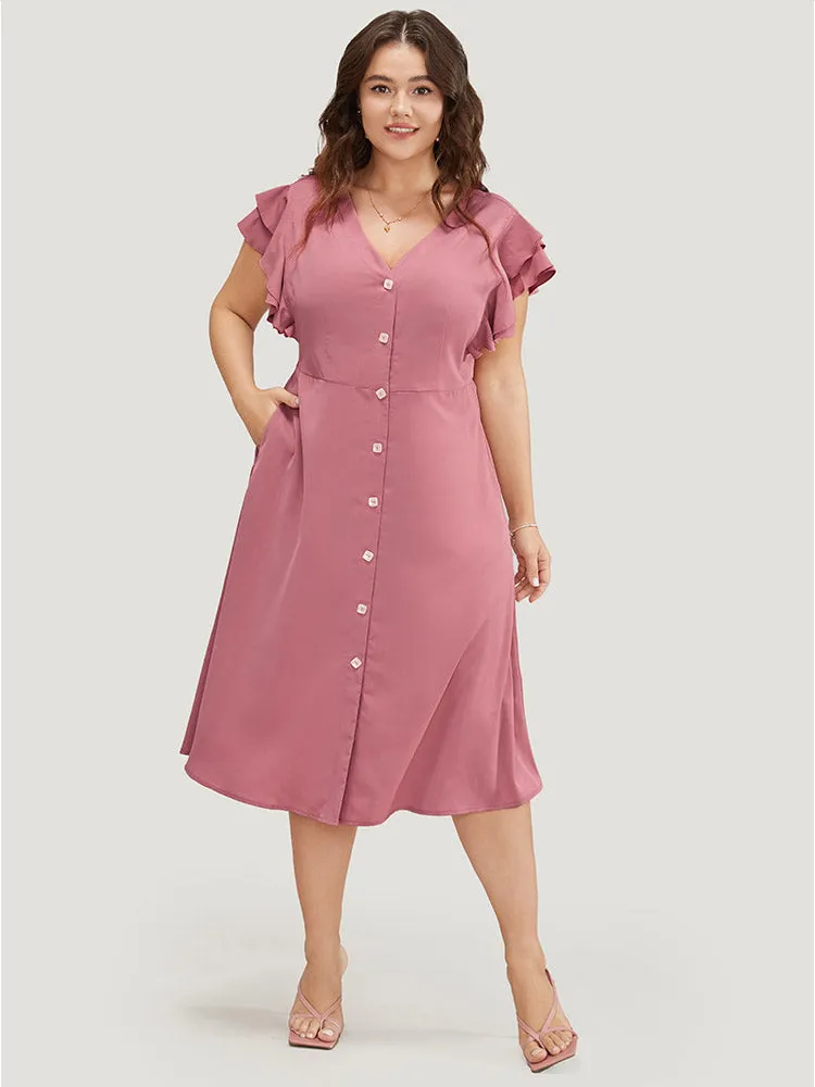 Plain Ruffle Sleeve Pocket Tiered Button Up Dress sold by Bloomchic product image thumbnail 5