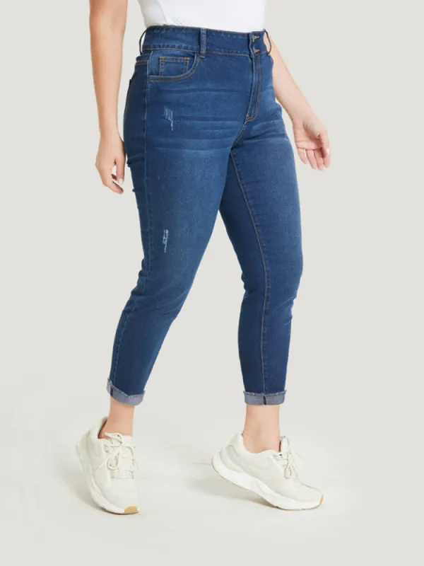 Very Stretchy High Rise Distressed Detail Raw Hem Jeans sold by Bloomchic