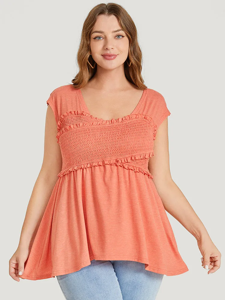 Plain Frill Trim Crossover Shirred Ruffles Sleeveless T-shirt sold by Bloomchic