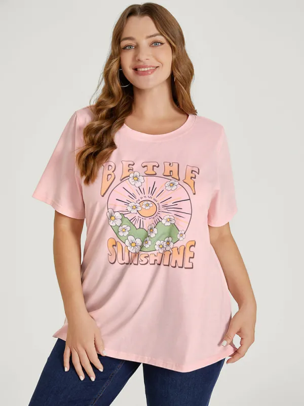 Floral & Sun Print Round Neck Graphic Tee sold by Bloomchic