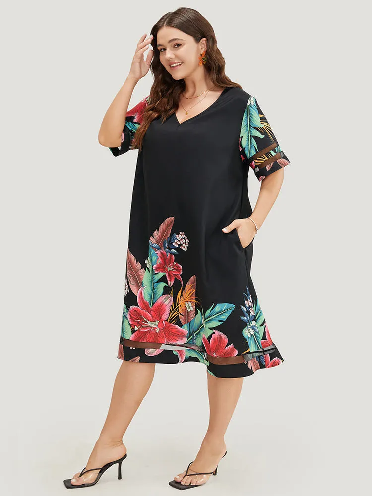 Floral Mesh Insert V Neck Pocket Ruffles Dress sold by Bloomchic product image thumbnail 4