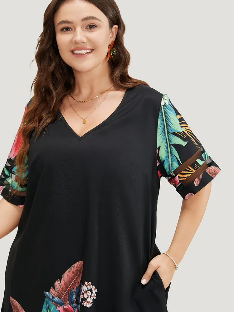 Floral Mesh Insert V Neck Pocket Ruffles Dress sold by Bloomchic product image thumbnail 5