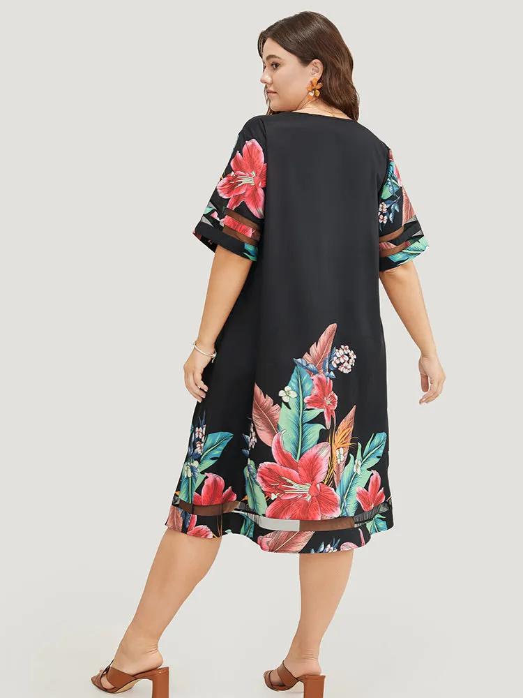 Floral Mesh Insert V Neck Pocket Ruffles Dress sold by Bloomchic product image thumbnail 2