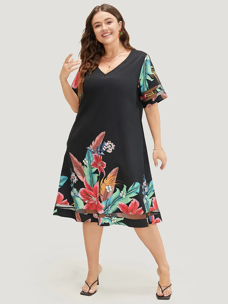 Floral Mesh Insert V Neck Pocket Ruffles Dress sold by Bloomchic product image thumbnail 3