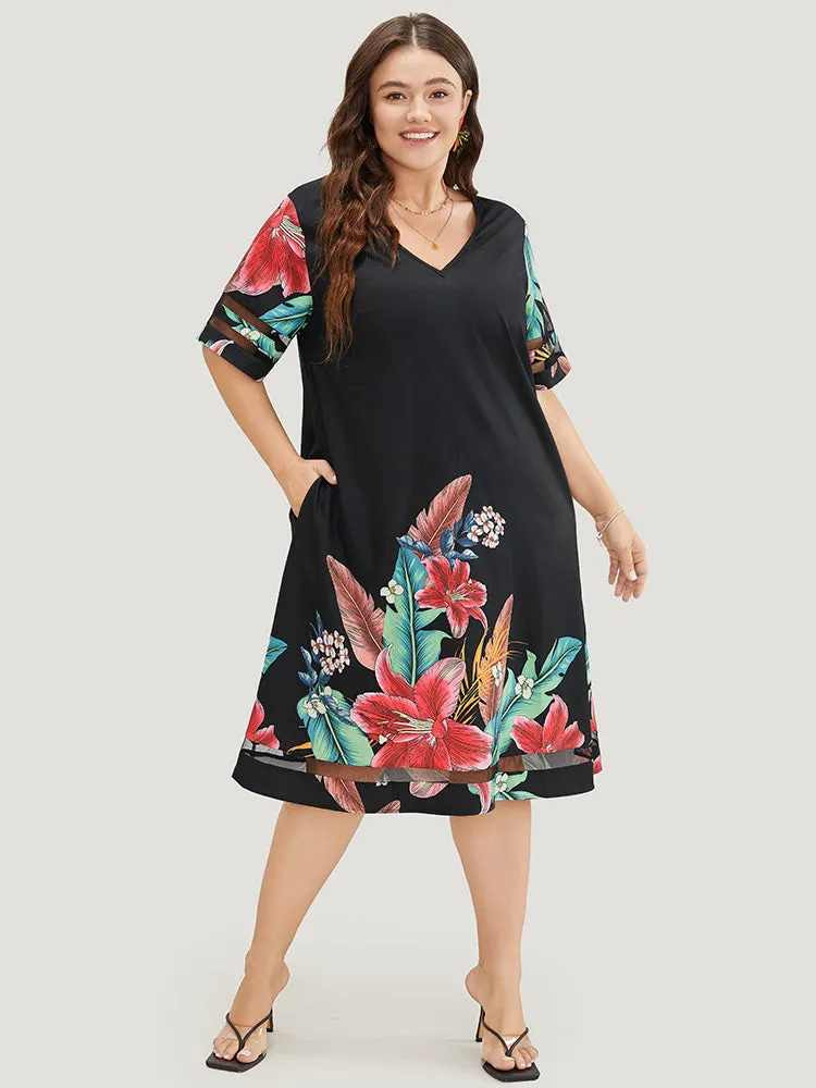 Floral Mesh Insert V Neck Pocket Ruffles Dress sold by Bloomchic