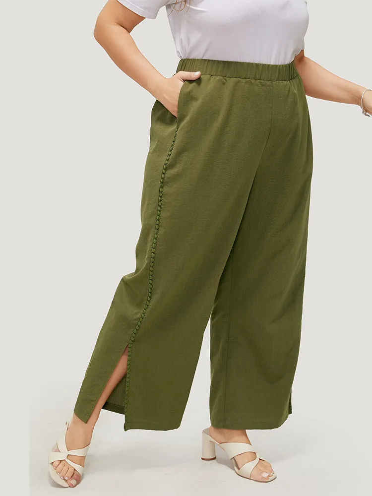 Plain Pocket Elastic Waist Pompom Detail Split Pants sold by Bloomchic