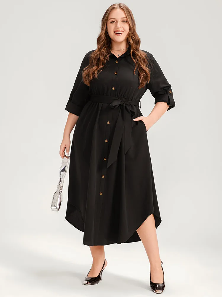 Solid Shirt Collar Button Up Belted Arc Hem Dress sold by Bloomchic product image thumbnail 4