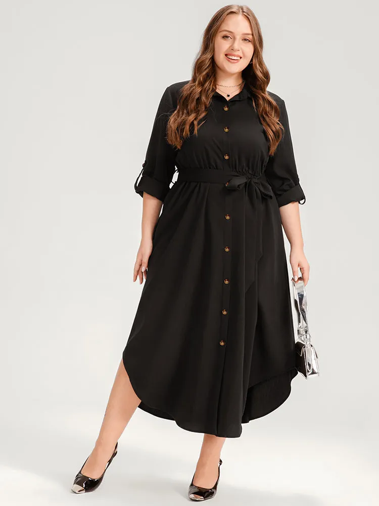 Solid Shirt Collar Button Up Belted Arc Hem Dress sold by Bloomchic