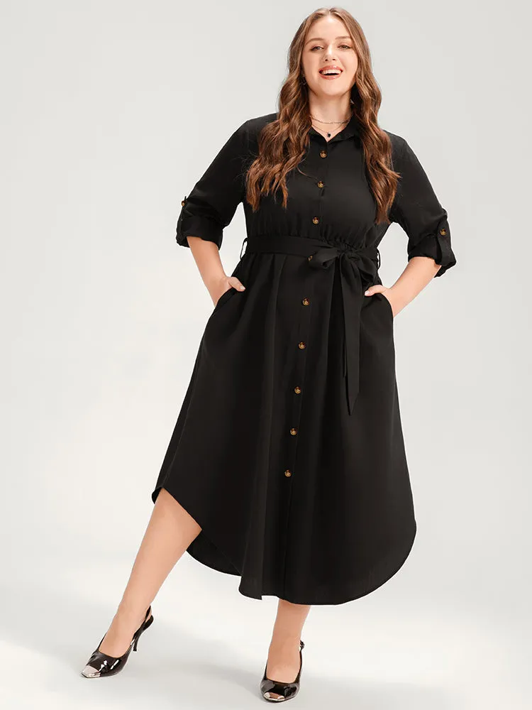 Solid Shirt Collar Button Up Belted Arc Hem Dress sold by Bloomchic product image thumbnail 2