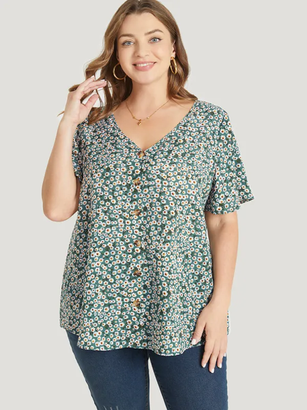 Daisy Floral Button Detail Ruffle Sleeve Blouse sold by Bloomchic
