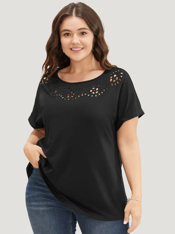 Solid Roll Batwing Sleeve Laser Cut T-shirt sold by Bloomchic