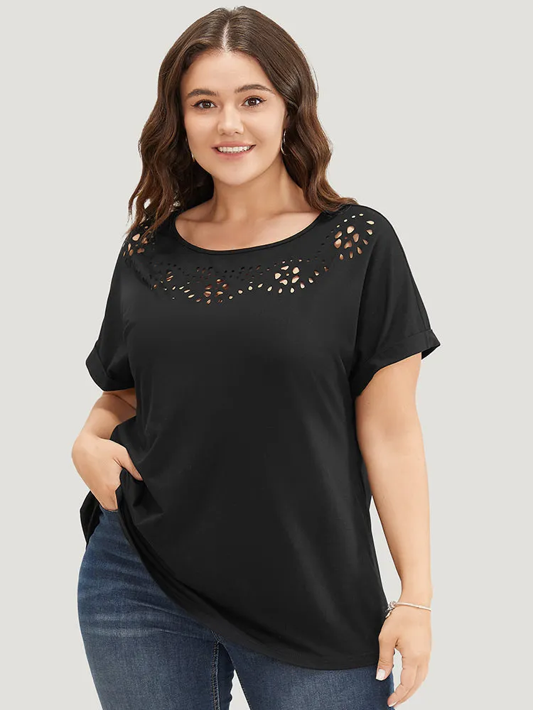 Solid Roll Batwing Sleeve Laser Cut T-shirt sold by Bloomchic