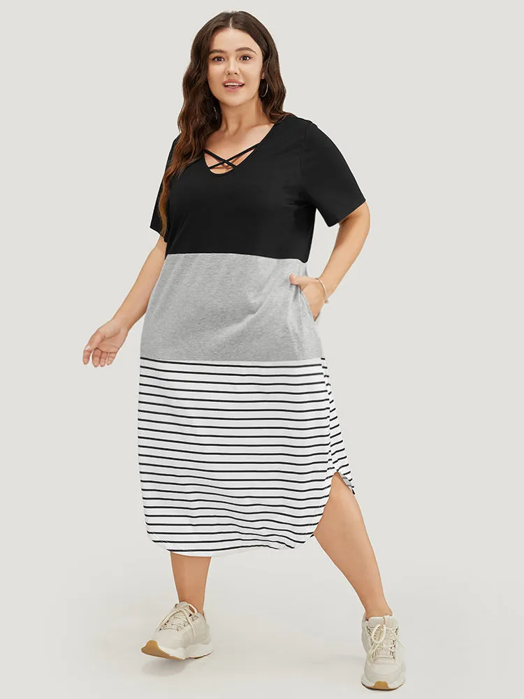 Striped Contrast Arc Hem Pocket Crisscross Neck Dress sold by Bloomchic product image thumbnail 3