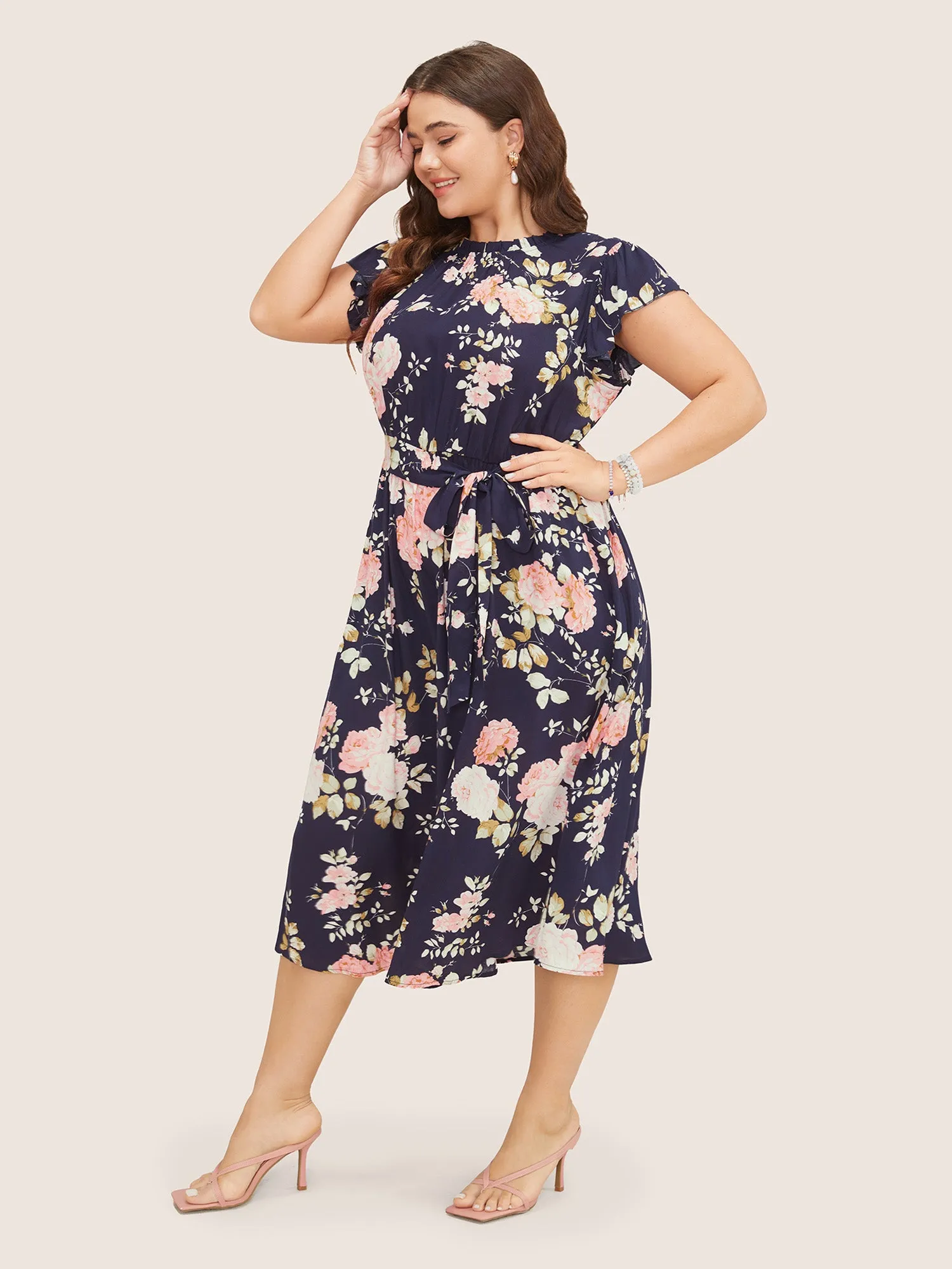 Floral Frill Trim Mock Neck Pocket Ruffle Belted Cap Sleeve Dress sold by Bloomchic product image thumbnail 2