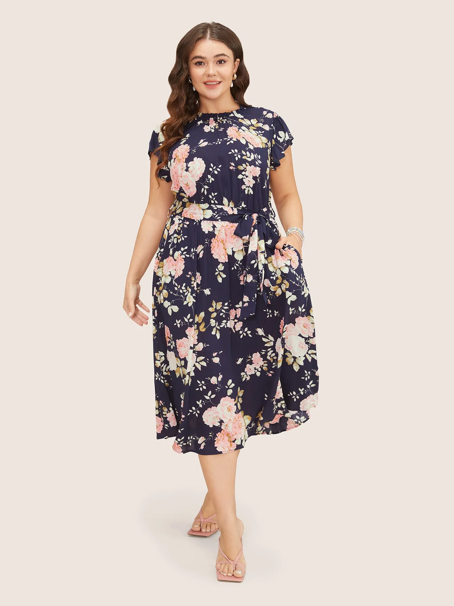 Floral Frill Trim Mock Neck Pocket Ruffle Belted Cap Sleeve Dress sold by Bloomchic product image thumbnail 4