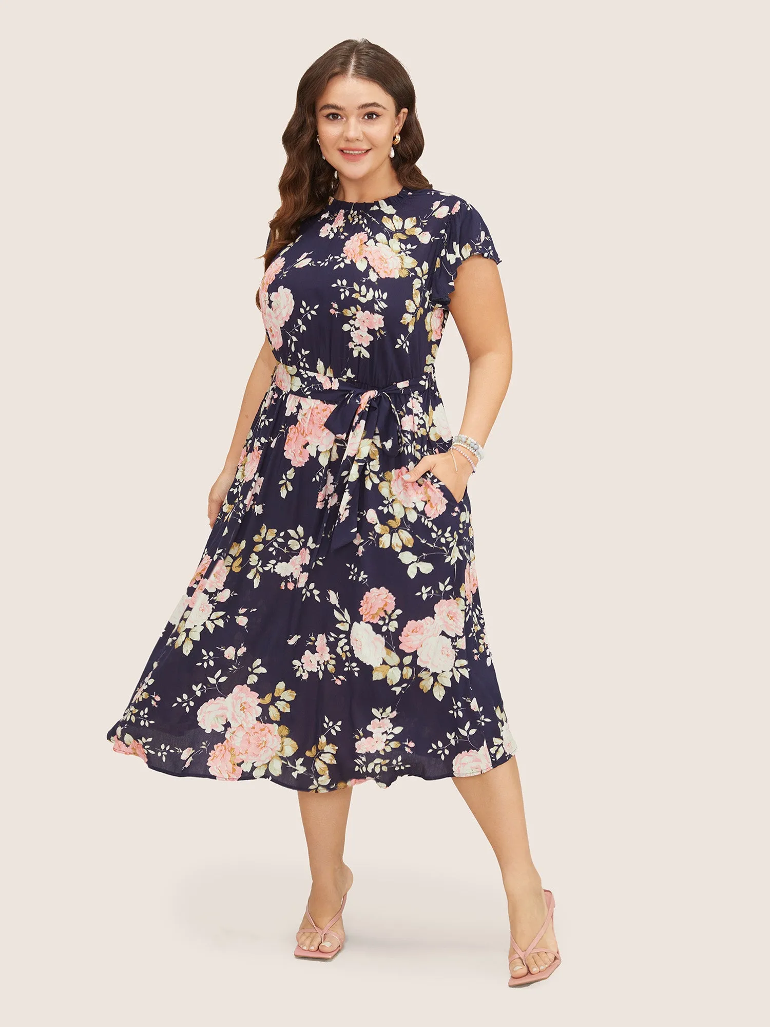 Floral Frill Trim Mock Neck Pocket Ruffle Belted Cap Sleeve Dress sold by Bloomchic