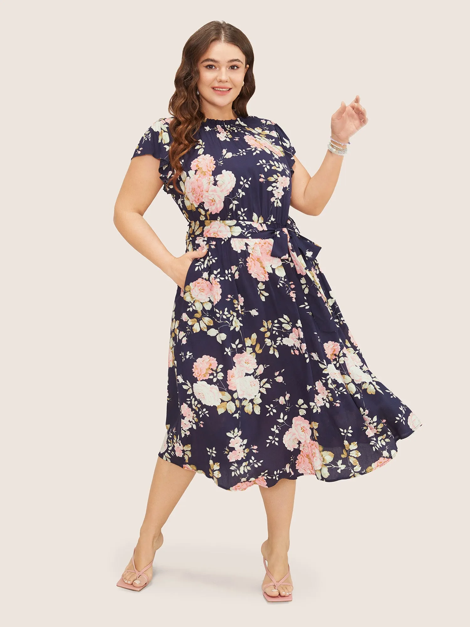 Floral Frill Trim Mock Neck Pocket Ruffle Belted Cap Sleeve Dress sold by Bloomchic product image thumbnail 3