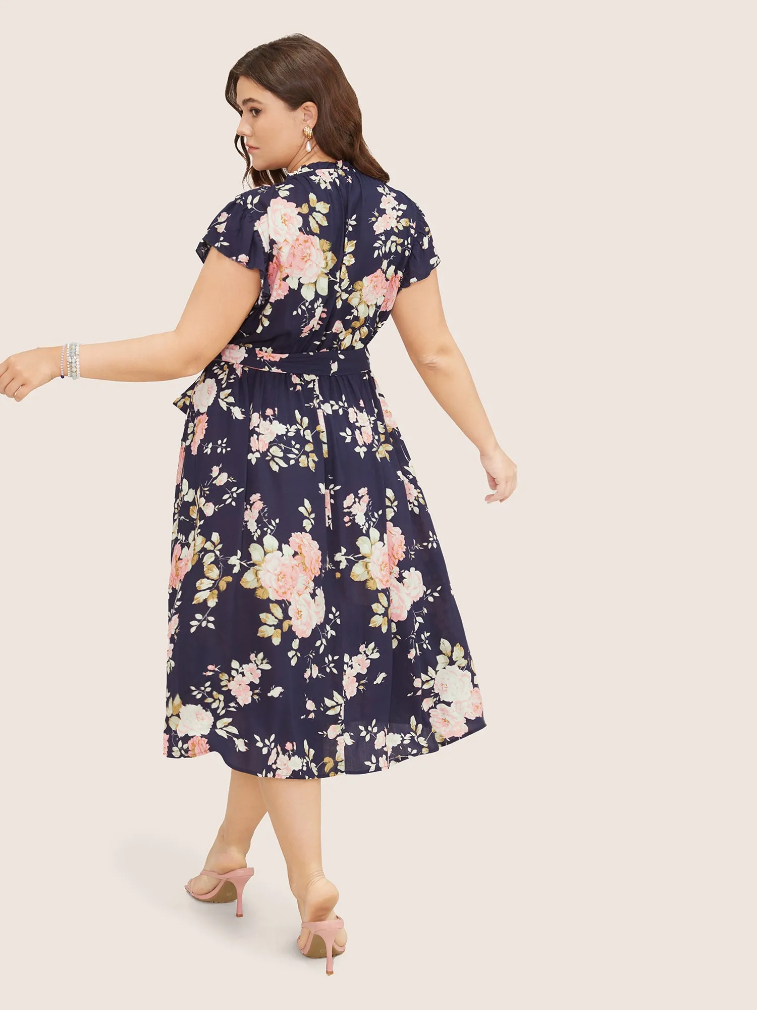 Floral Frill Trim Mock Neck Pocket Ruffle Belted Cap Sleeve Dress sold by Bloomchic product image thumbnail 5