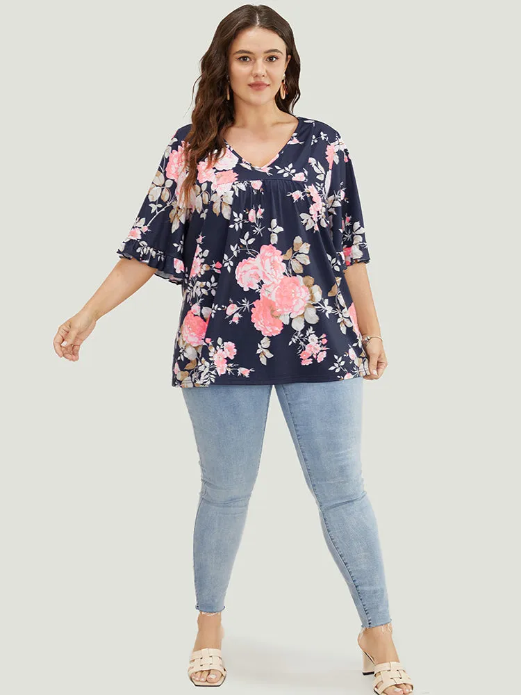 Floral Print Flutter Sleeve Gathered Detail T-shirt sold by Bloomchic product image thumbnail 5